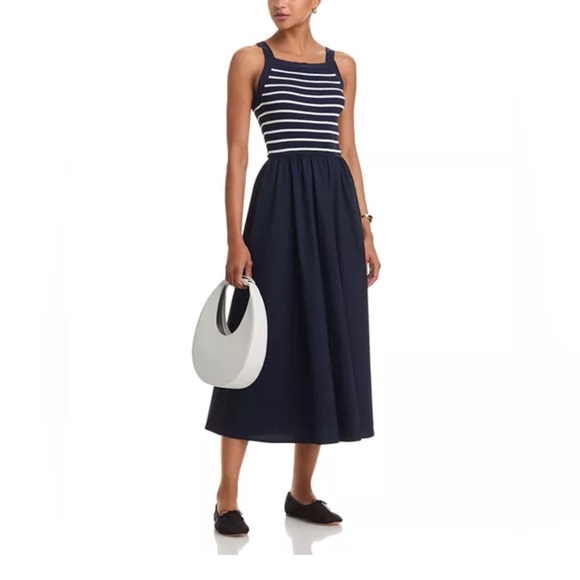 New with tags Bloomingdale’s Moon River Navy and White Striped Midi Dress medium - Picture 1 of 4